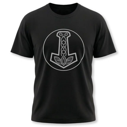 Minimalist Mjolnir hammer graphic on a black t-shirt, featuring Norse knotwork design.
