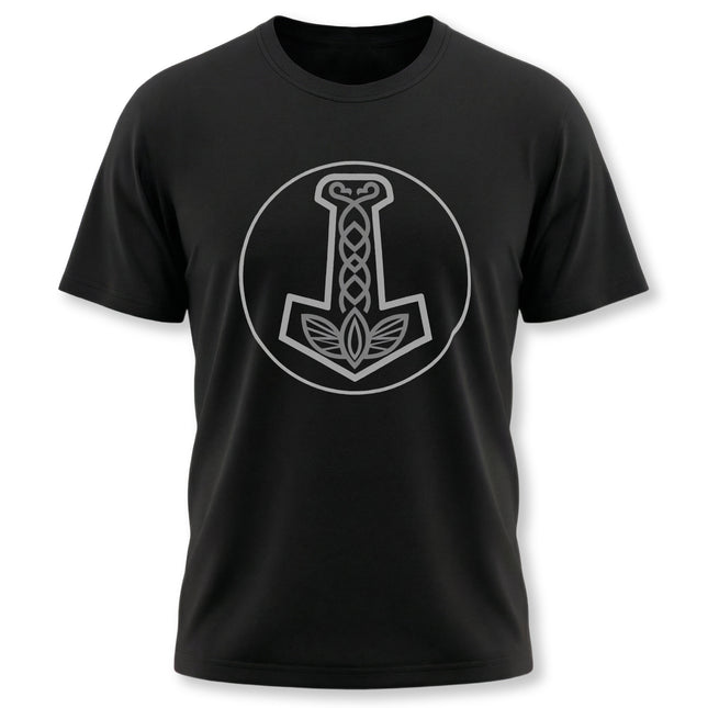Minimalist Mjolnir hammer graphic on a black t-shirt, featuring Norse knotwork design.