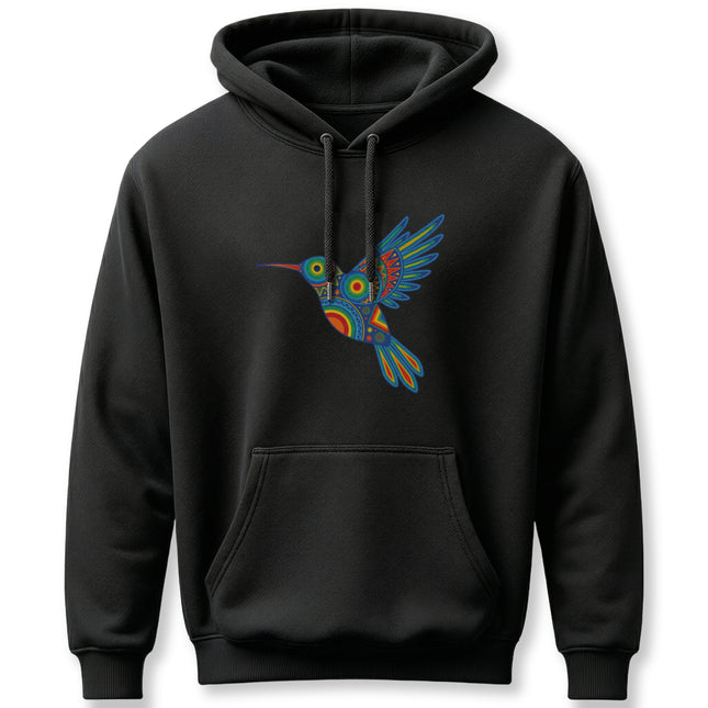 Colorful Huichol hummingbird graphic on a black pullover hoodie featuring indigenous geometric art.