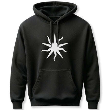 Mystical solar sunburst graphic on a black occult pullover hoodie.