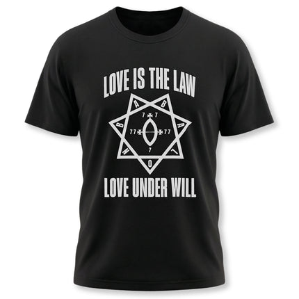 Love Is The Law t-shirt featuring the Star of Babalon sacred geometry symbol.