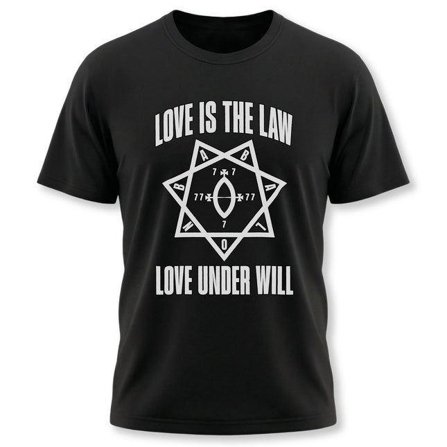 Love Is The Law t-shirt featuring the Star of Babalon sacred geometry symbol.