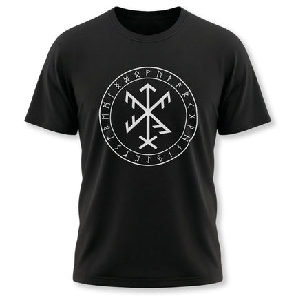 Black t-shirt featuring a white Norse bind rune sigil surrounded by Futhark runes graphic.