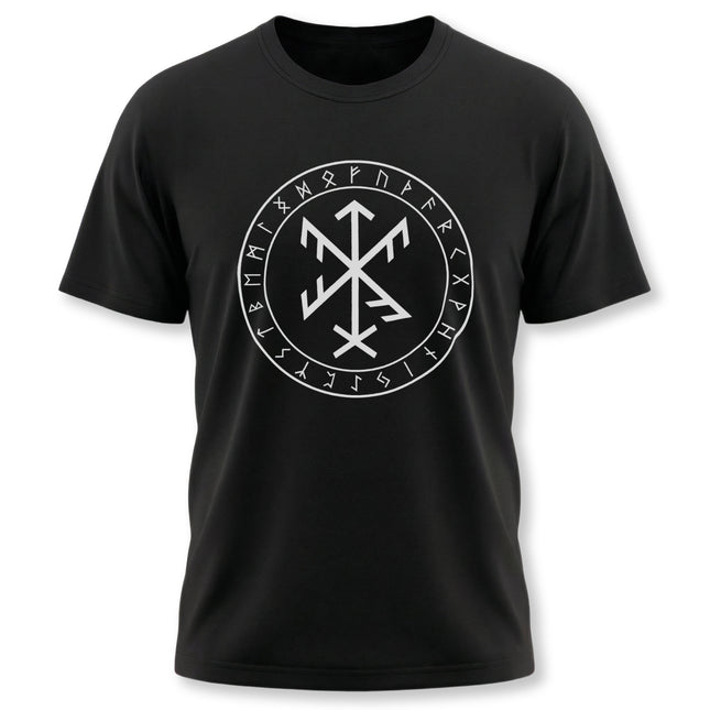 Black t-shirt featuring a white Norse bind rune sigil surrounded by Futhark runes graphic.
