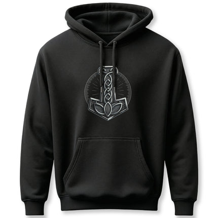 Norse Mjolnir hammer symbol graphic on a black pullover hoodie.
