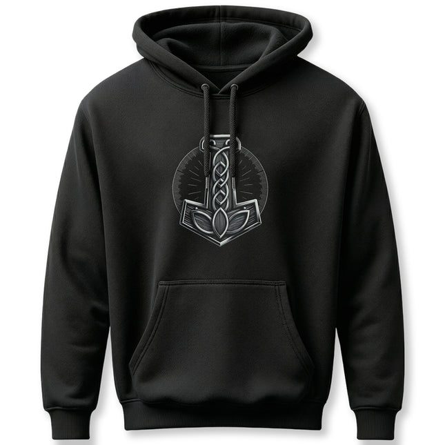 Norse Mjolnir hammer symbol graphic on a black pullover hoodie.