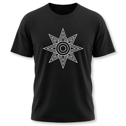 Black tee featuring the geometric Star of Ishtar, a Mesopotamian goddess symbol.