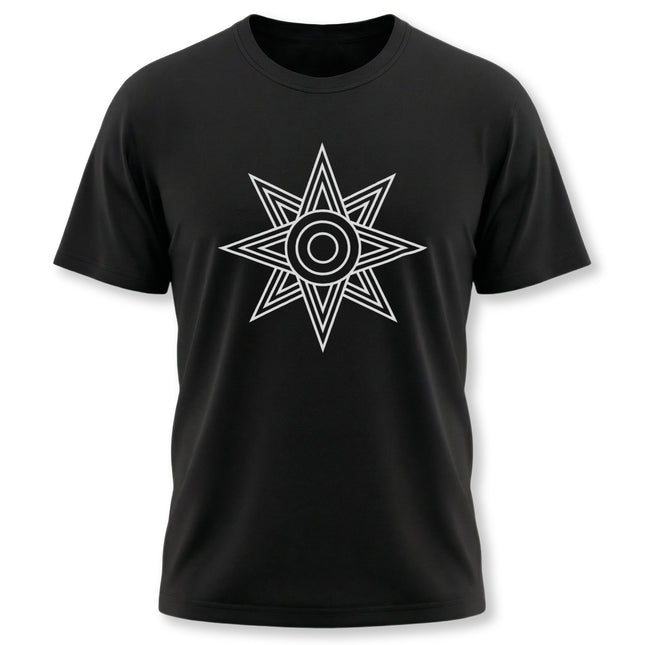 Black tee featuring the geometric Star of Ishtar, a Mesopotamian goddess symbol.
