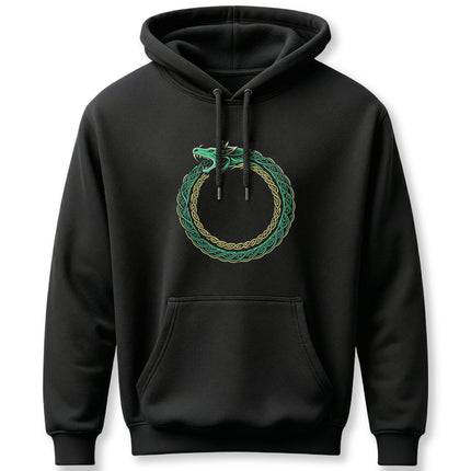 Green and gold Ouroboros dragon knotwork symbol on a black hoodie. Norse Viking serpent design.
