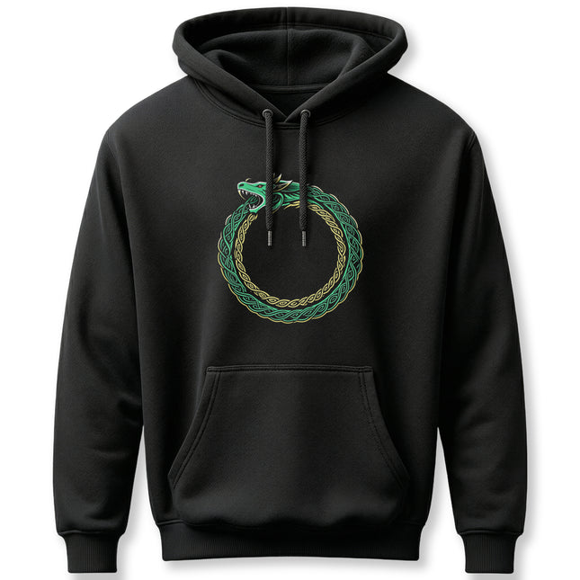 Green and gold Ouroboros dragon knotwork symbol on a black hoodie. Norse Viking serpent design.