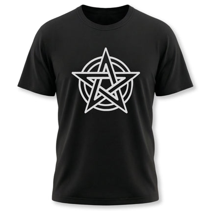 White pentagram pentacle symbol graphic on a black t-shirt.