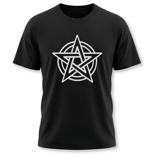 White pentagram pentacle symbol graphic on a black t-shirt.