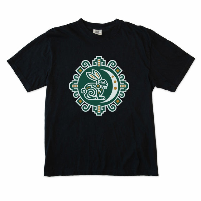 Celestial Mayan rabbit and moon graphic design on a green t-shirt.