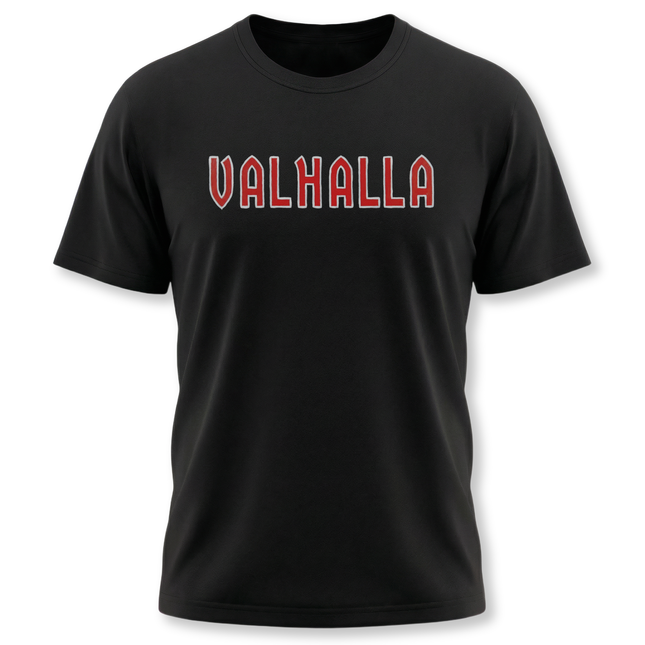 VALHALLA Norse Mythology Viking T-Shirt | Bold Red Letter Text Tee