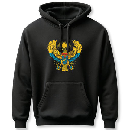 Egyptian Ra Falcon god graphic on a black pullover hoodie.