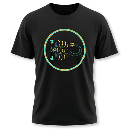 Black t-shirt with yellow and turquoise scorpion zodiac graphic, featuring the Egyptian Scorpio symbol.
