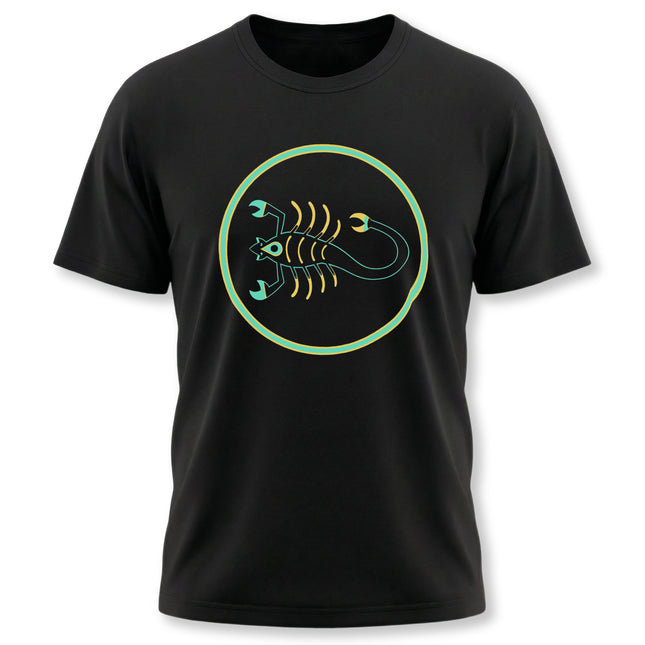 Black t-shirt with yellow and turquoise scorpion zodiac graphic, featuring the Egyptian Scorpio symbol.