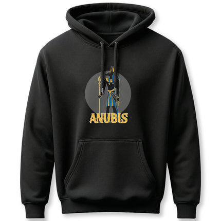 Anubis Egyptian god graphic on a black hoodie, featuring the jackal deity.