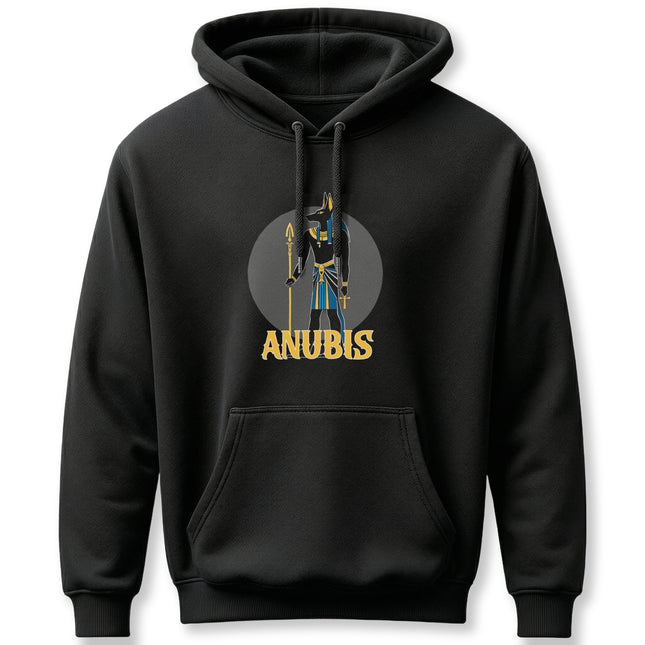 Anubis Egyptian god graphic on a black hoodie, featuring the jackal deity.