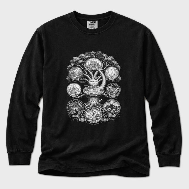 Nine Worlds Yggdrasil Long Sleeve T-Shirt | Norse World Tree Art Tee
