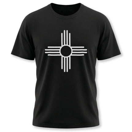 Black t-shirt featuring the white Zia Sun Symbol, a Native American graphic design.