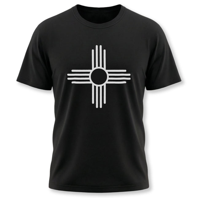 Black t-shirt featuring the white Zia Sun Symbol, a Native American graphic design.