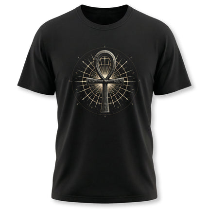 Black t-shirt featuring the detailed gold Ankh Egyptian symbol, the Key of Life graphic tee.