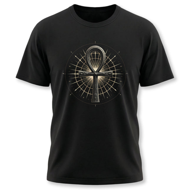 Black t-shirt featuring the detailed gold Ankh Egyptian symbol, the Key of Life graphic tee.