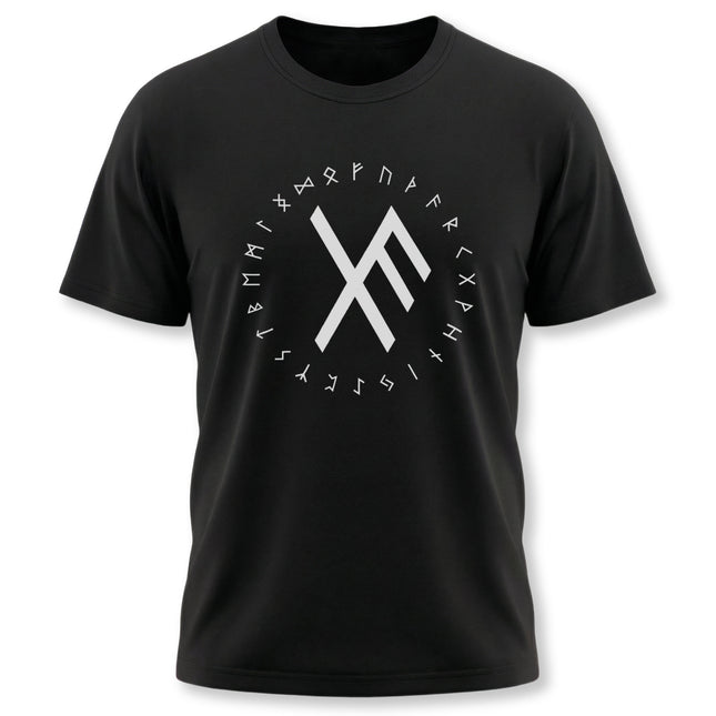 Norse rune graphic tee featuring the Bind Rune and protective symbols.