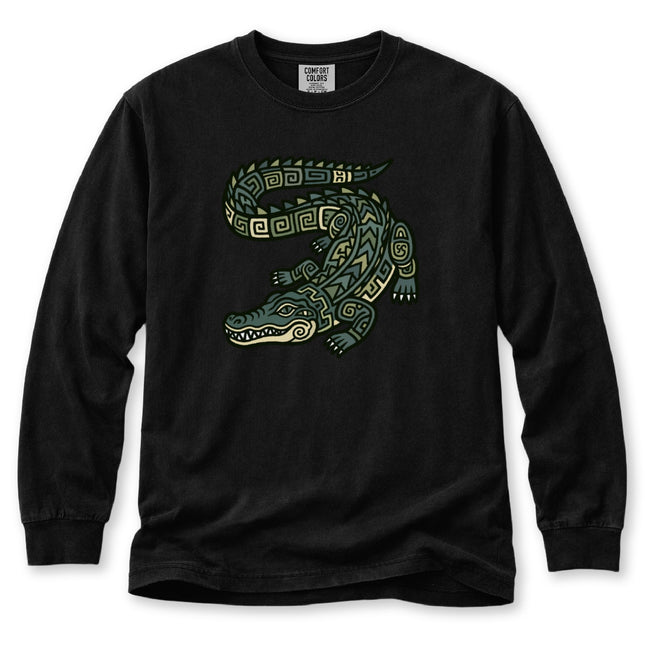 Mayan Crocodile Long Sleeve T-Shirt | Geometric Reptile Tee