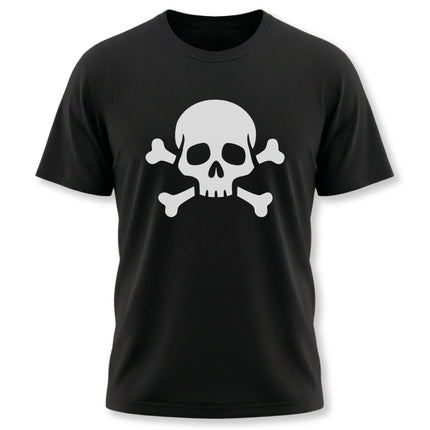 Black t-shirt featuring a white skull and crossbones graphic design.