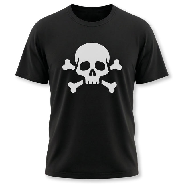 Black t-shirt featuring a white skull and crossbones graphic design.