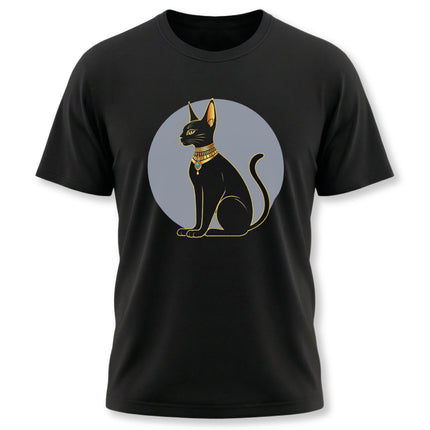 Minimalist Bastet Egyptian cat graphic tee featuring a gold-detailed silhouette.