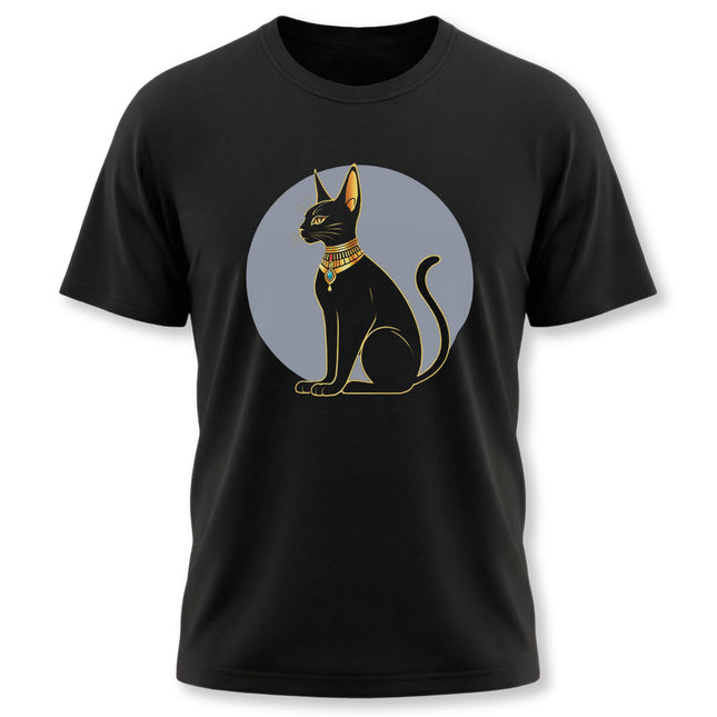 Minimalist Bastet Egyptian cat graphic tee featuring a gold-detailed silhouette.