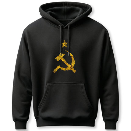 Yellow distressed hammer and sickle symbol on a black communist hoodie.