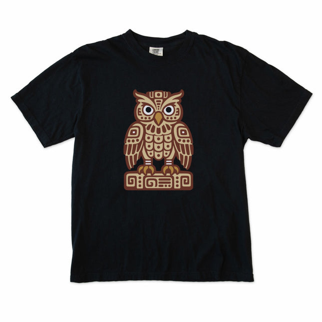 Mayan geometric owl graphic t-shirt design featuring Mesoamerican tribal art on black fabric.