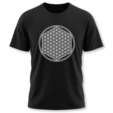 Flower of Life sacred geometry print on a black unisex t-shirt.