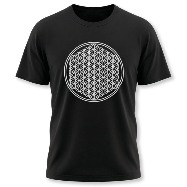 Flower of Life sacred geometry print on a black unisex t-shirt.