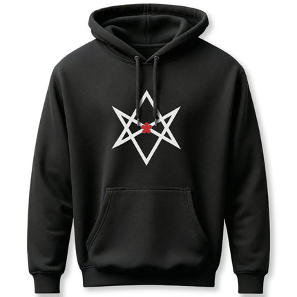 Black hoodie featuring the Unicursal Hexagram occult symbol.