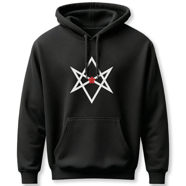 Black hoodie featuring the Unicursal Hexagram occult symbol.