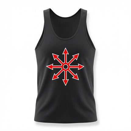 Black tank top featuring a bold red chaos star occult symbol graphic print.