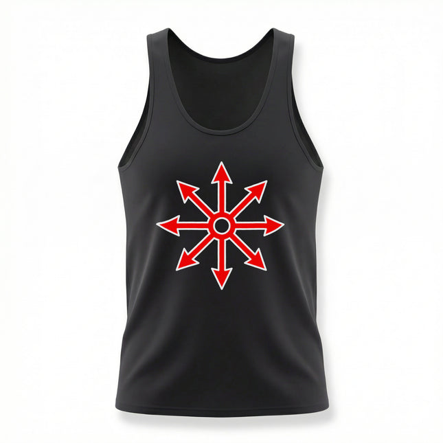 Black tank top featuring a bold red chaos star occult symbol graphic print.
