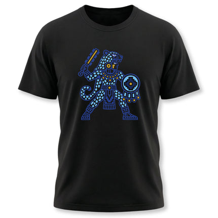 Aztec Jaguar Warrior T-Shirt | Blue and Gold Mesoamerican Graphic Tee