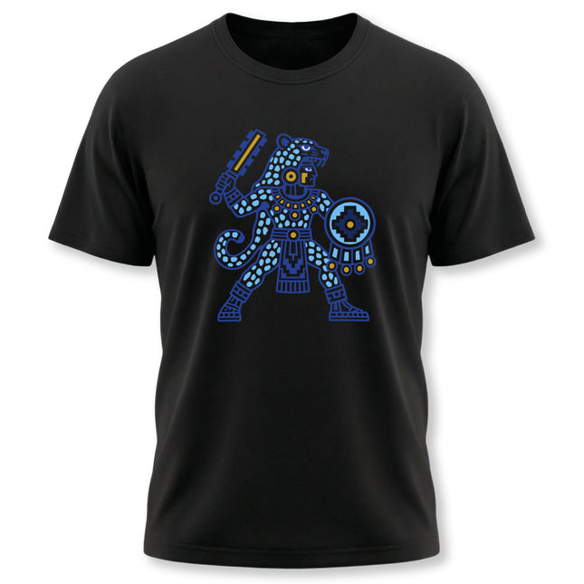 Aztec Jaguar Warrior T-Shirt | Blue and Gold Mesoamerican Graphic Tee