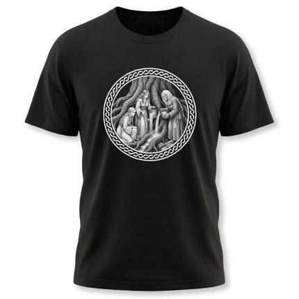 Norns and Yggdrasil World Tree design, representing Norse mythology and the weaving of fate.