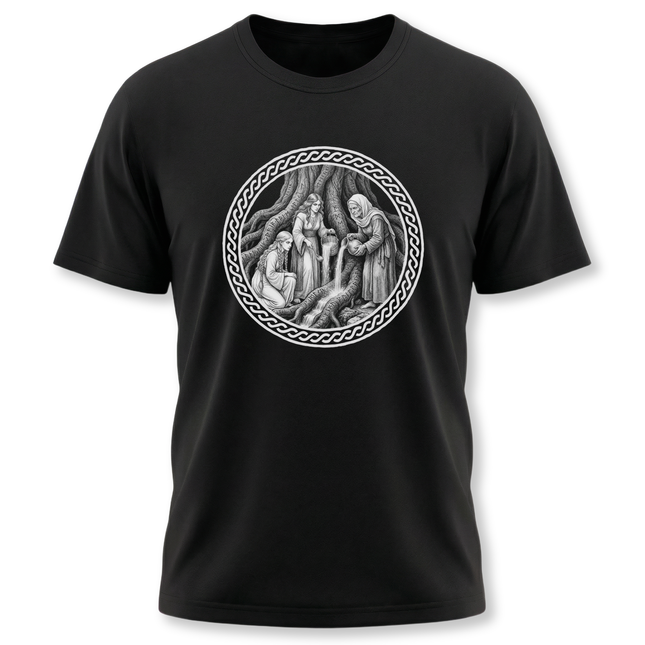Norns and Yggdrasil World Tree design, representing Norse mythology and the weaving of fate.