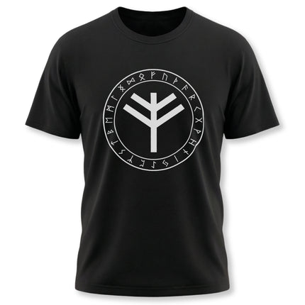 Norse Algiz rune and Elder Futhark circle graphic on a black Viking t-shirt.