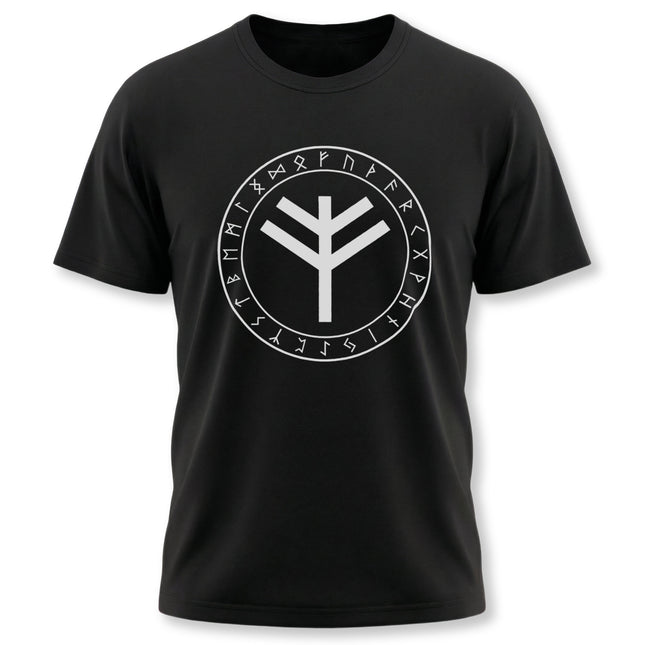 Norse Algiz rune and Elder Futhark circle graphic on a black Viking t-shirt.