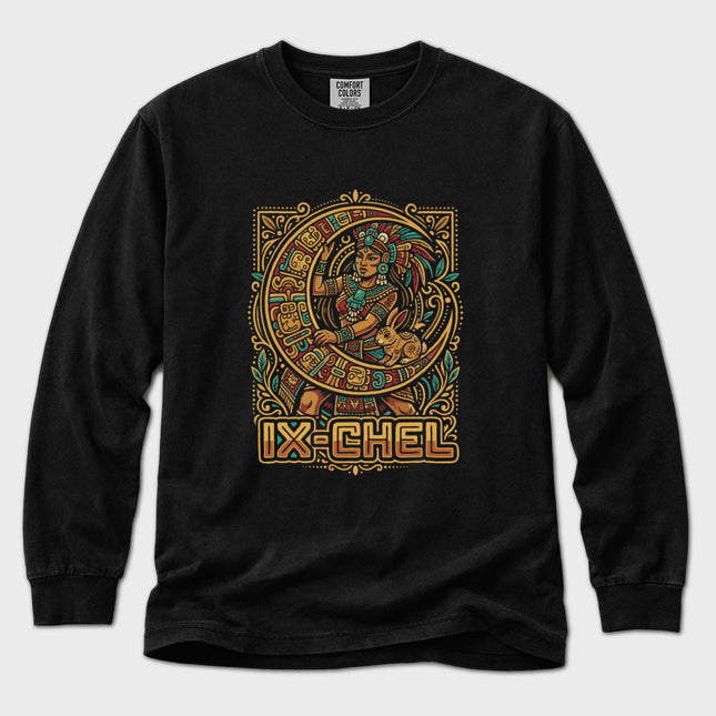 Ix Chel Maya Goddess graphic tee featuring Mesoamerican art on long sleeves.