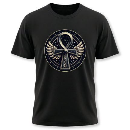 Winged ankh symbol graphic on a black tee, featuring celestial stars and ancient Egyptian design.